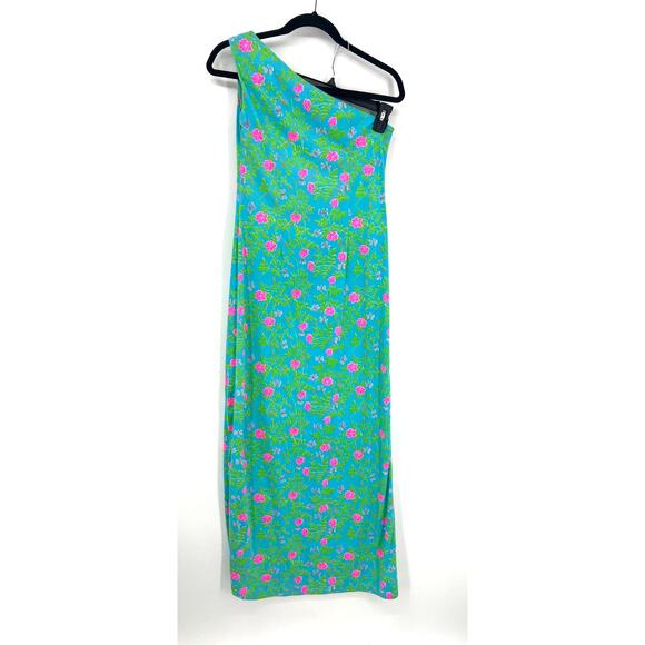 VTG Vanda Key West VIBRANT Blue Green Floral Pink One Shoulder Maxi Dress Size 6 - Picture 9 of 16